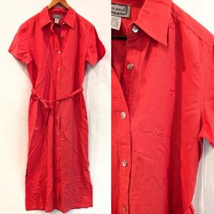 VINTAGE Jane Ashley bright coral pink button front belted shirt dress size med